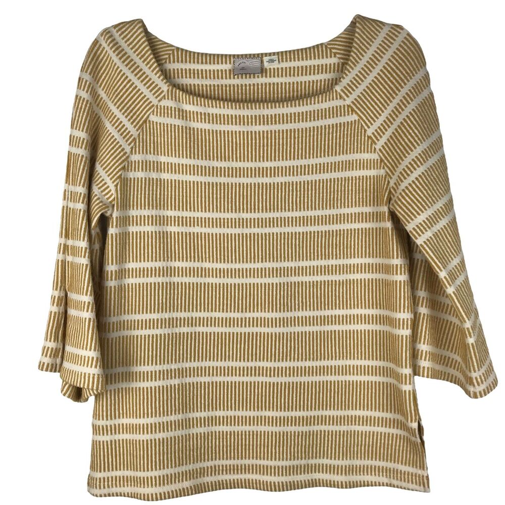 Anthropologie Postage Stamp Knit Top Square Neck 3/4 Sleeve Striped Yellow XS